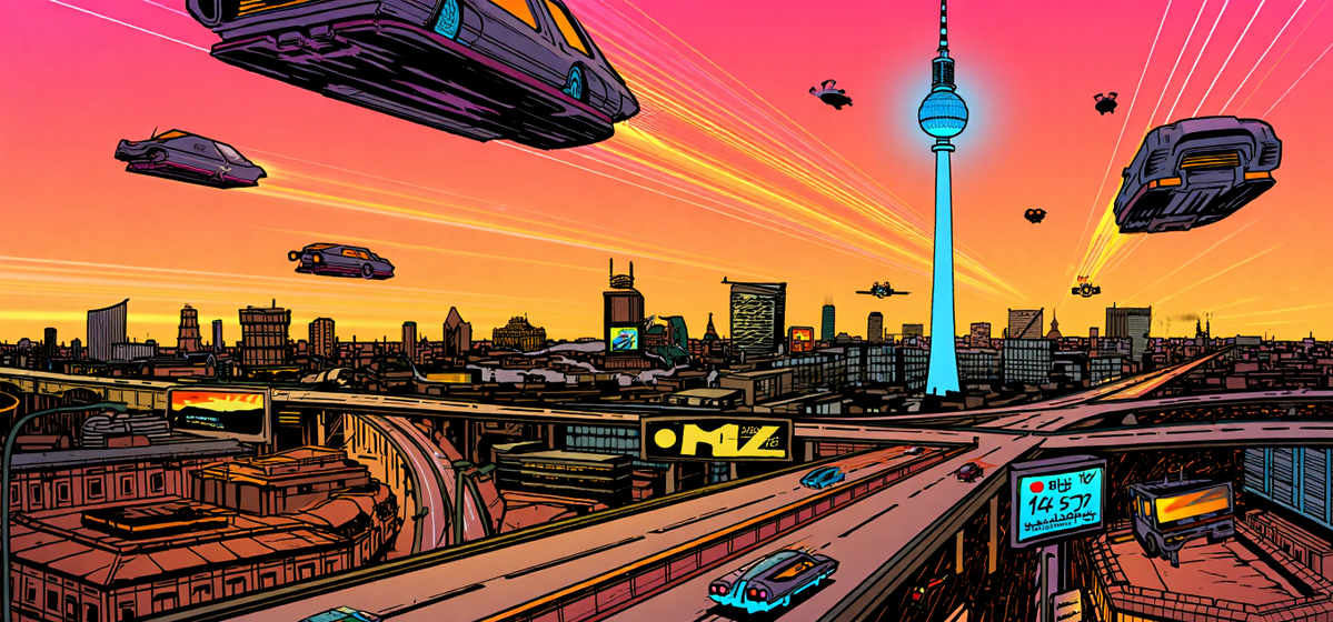 Futuristic Berlin with flying cars