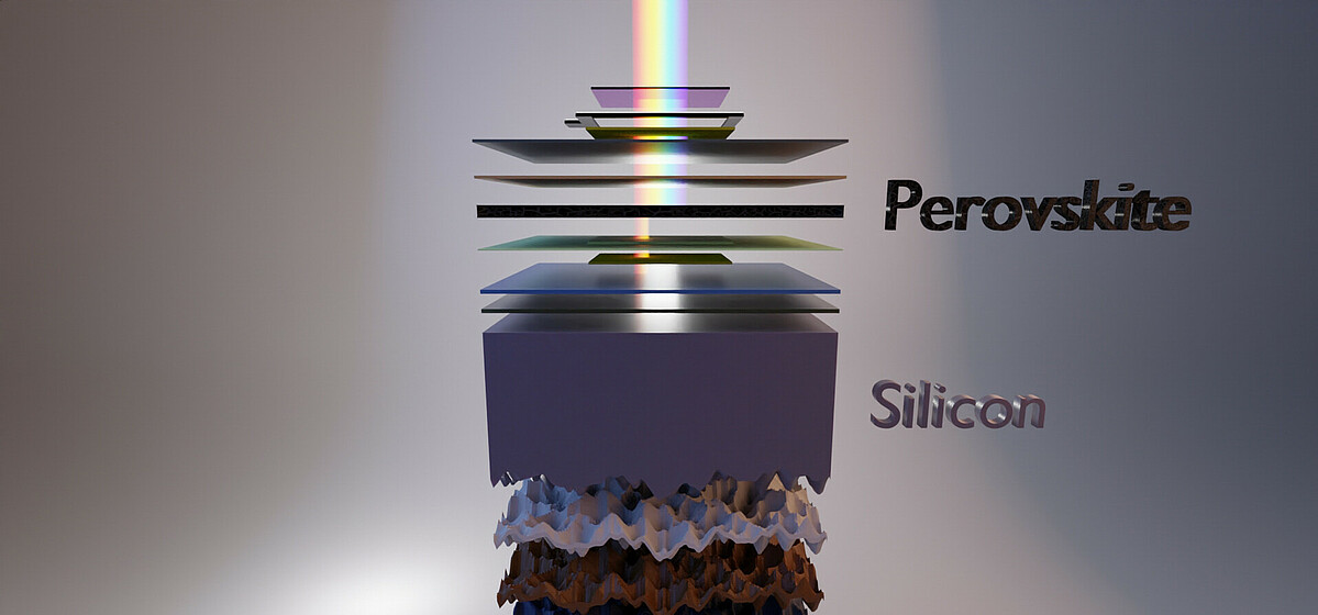Perovskite in tandem with silicon A layer of perovskite added to silicon increases the efficiency of solar cells.